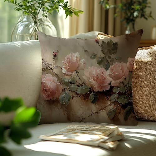 Vintage Moody Pink Rose Floral Pillow Cover 18x18 Double-Sided, French Country Farmhouse Pink Flower Throw Pillow Cover Case for Home Bedroom Living Room