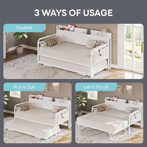 LIKIMIO Twin Daybed with Pop Up Trundle & Charging Station & Storage Shelf