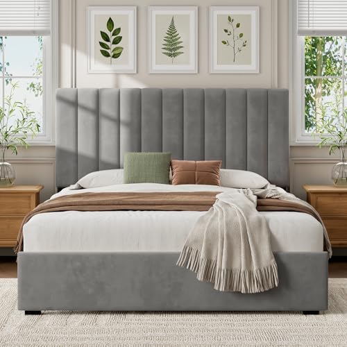 Welzona Full Size Velvet Upholstered Bed Frame with Tufted Headboard, Grey