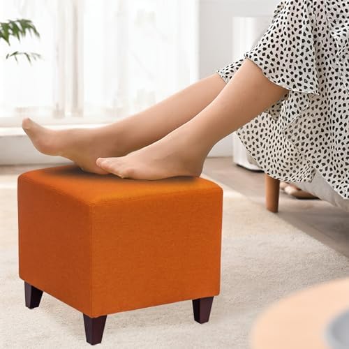 Joveco Square Ottoman Fabric Cube Foot Rest Stool with Wooden Legs, Footstool Small Ottoman Seat for Living Room Entryway (Orange)