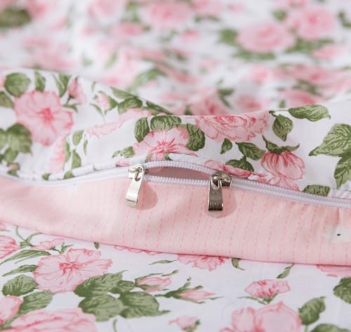 FADFAY Duvet Cover Set Full Pink Rose Floral Bedding Vintage Peony Flower Quilt Cover Set Shabby Farmhouse Bedding 100% Cotton Ultra Soft Comforter Cover with Hidden Zipper Closure 3Pcs, Full Size