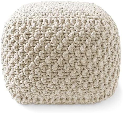 Casafield Square Pouf Ottoman, Natural - 18.5" W x 18.5" D x 14.5" H Cotton Knit Foot Stool - Boho Floor Pouffe for Living Room, Bedroom, Home Office