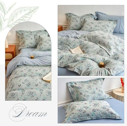 HighBuy Girl Floral Muslin Duvet Cover Queen,Boho Floral Textured Muslin Cotton Bedding Coquette,Shabby Vintage Duvet Cover Set French Farmhouse Gauze Bedding Cooling Breathable