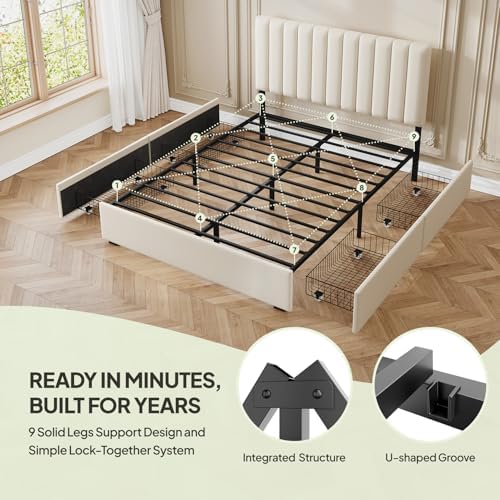 Welzona Full Size Upholstered Bed Frame with Headboard & 4 Drawers, White