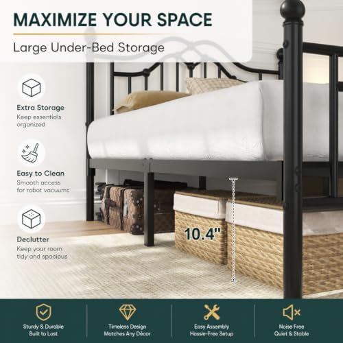 Full Size Bed Frame with Victorian Headboard & Footboard, Black