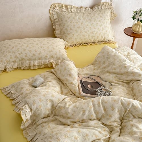 Girls Floral Duvet Cover Set Muslin Cotton Twin(68"x86"),Yellow Flower
