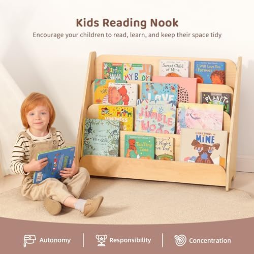 OOOK 4-Tier Kids Bookshelf, Wooden Front Facing Bookshelf