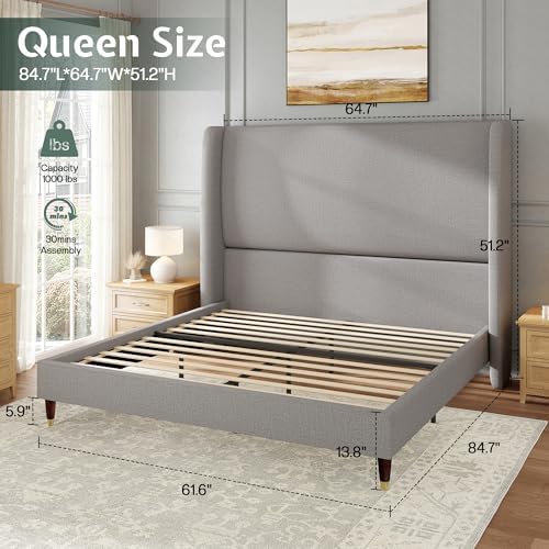 Jocisland Queen Bed Frame Tall Wingback Headboard Upholstered, Light Grey