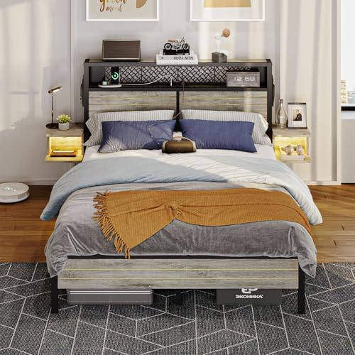 Bestier Queen Bed Frame with Horizontal Golden Stripe Storage Headboard&LED Nightstands, Metal Platform Bed with Charging Station, Heavy Duty Metal Slats, No Box Spring Needed, Noise Free(Grey Oak)