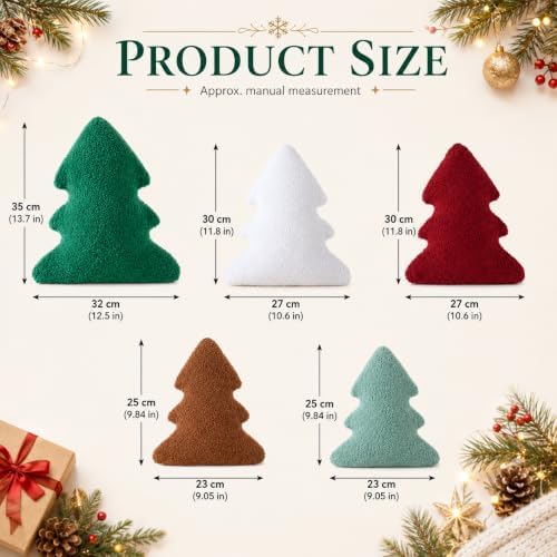 Cumule 5 Pcs Christmas Throw Pillows Cute Xmas Tree Shaped Plush Pillow for Christmas Winter Holiday Party Outdoor Bedroom Cushion Decoration