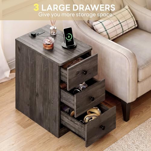 LIKIMIO Nightstand with Charging Station, 3 Drawers Modern for Bedroom