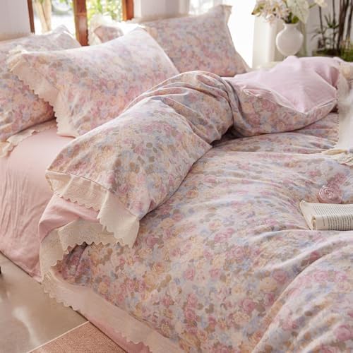 HighBuy Pink Floral Muslin Duvet Cover Twin XL,Ruffle Lace Floral Bedding Set for Girl College,Soft Gauze Cotton Comforter Cover with Zipper for Hot Sleepers,Breathable & Fade-Resistant