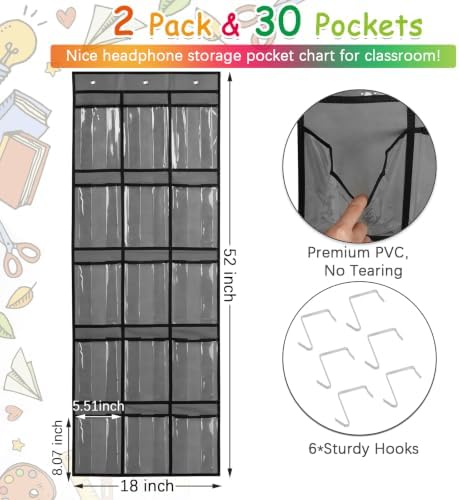 2 Pack Classroom Headphone Storage Organizer with 30 Pockets & 62 Labels