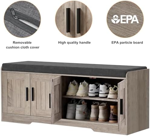 Homleke Shoe Storage Bench, 4 Doors & Thickened Padded Seat Cushion