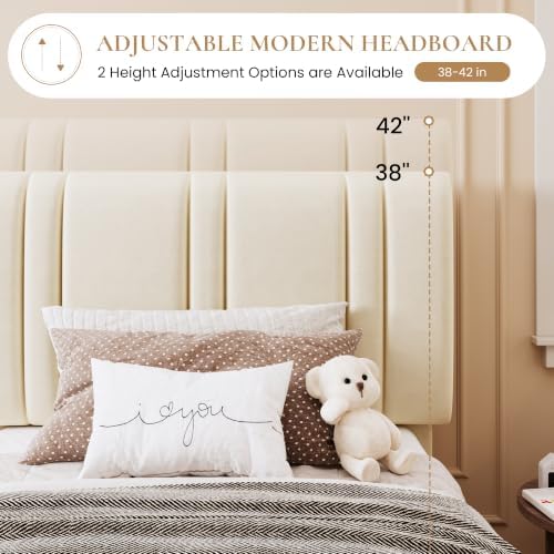 SHA CERLIN Twin Size Velvet Bed Frame with Adjustable Headboard, Cream