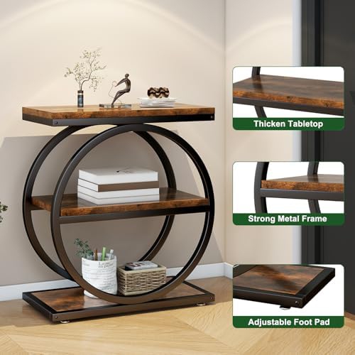 IBUYKE Narrow End Table with 3 Storage Shelves,Rustic Brown UTMJ418H