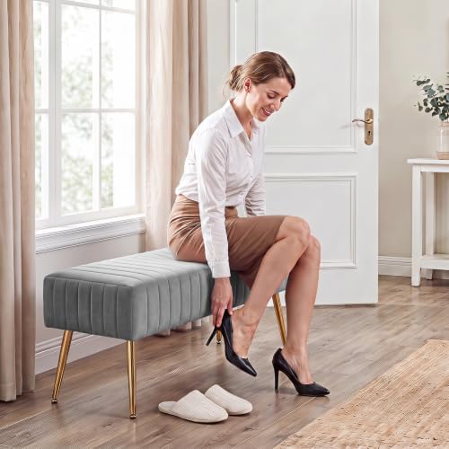 Furniliving 44 Inch Bedroom Benches, Upholstered Tufted Striped Fabric Ottoman Bench with X-Shaped Metal Legs for Living Room, Solid Wood Indoor Bench for Foyer (Grey)