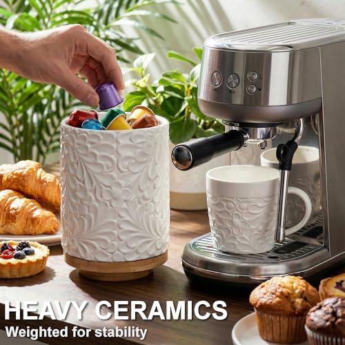 25DOL 360° Rotating Utensil Holder, 8.3-Inch Ceramic Crock with Bamboo Base