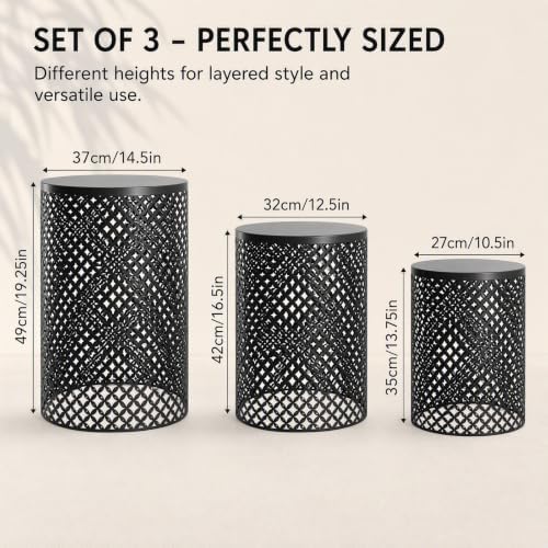 Set of 3 Outdoor Side Table, Garden Stool for Patio, Metal Accent Table Modern End Table, Patio Side Table for Garden, Balcony, Bedroom Indoor Outdoor Decorative, Jet Black