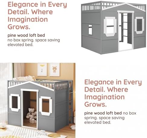 Bellemave Full Size Loft Bed with Play House Shape, Loft Bed Frame with Windows, Entertainment Space and Ladders for Kids, Boys, Girls and Teens, No Spring Needed (Gray+White)