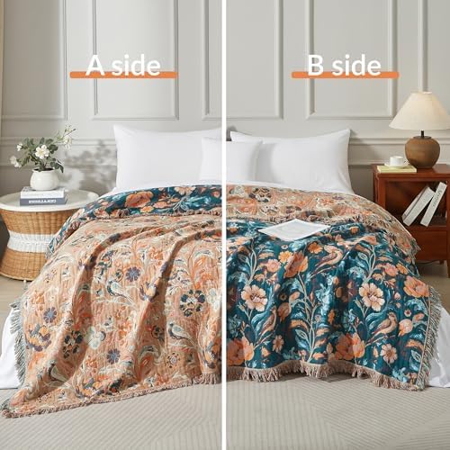 Boho Throw Blanket for Bed 90”x98”, 100% Cotton Blanket for Couch Sofa