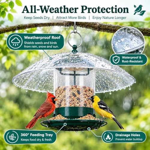 Gbekery Metal Bird Feeders for Outdoors with 12” Weatherproof Dome, Green
