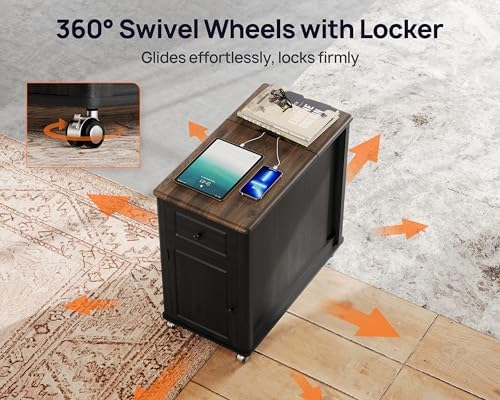 Rolling End Table with Wheels&Charging Station,Side Table with Drawer,Black