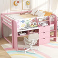 SOFTSEA Full Size Low Loft Bed with Desk and Storage, Pink