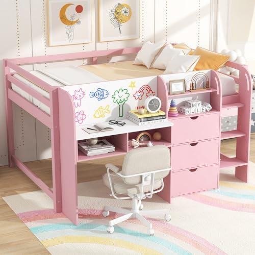 SOFTSEA Full Size Low Loft Bed with Desk and Storage, Pink