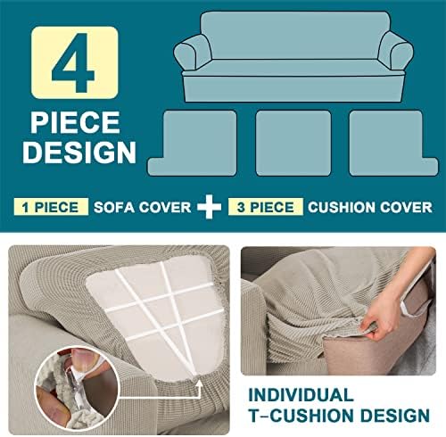 Turquoize 4 Piece T Cushion Sofa Slipcovers Stretch Couch Cover Furniture Covers with 3 Individual T Cushion Covers, Washable (3 Cushion Sofa,Island Fossi)