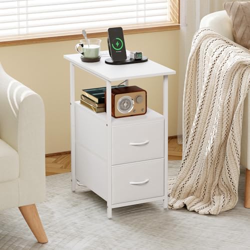 Somdot End Table Set of 2 with Charging Station, 2 Drawers, Slim Side Table