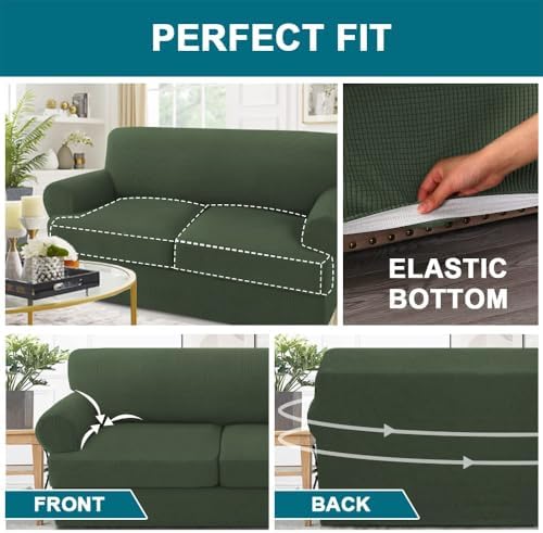 Turquoize 3 Piece T Cushion Sofa Slipcovers Stretch Couch Cover Furniture Covers with 2 Individual T Cushion Covers for Living Room, Machine Washable (2 Cushion Sofa, Bronze Green)
