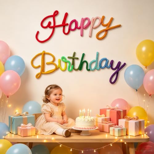 Rainbow Happy Birthday Sign Knitted Wire Words Birthday Wall Hanging Decor