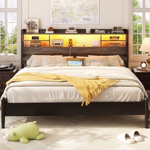 Aheaplus Headboard for Queen Size Bed with Storage, Black Oak