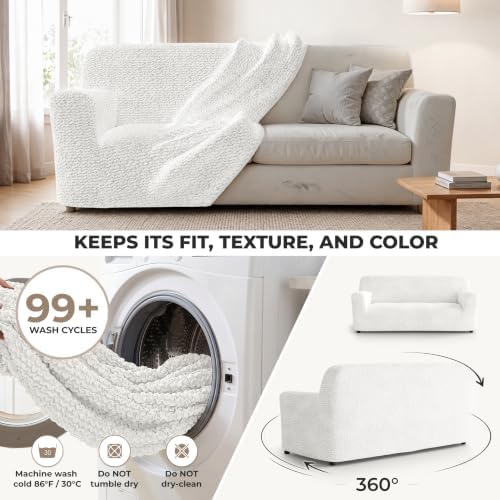 PAULATO Premium Stretch Couch Covers for Sofa - Sofa Chair Cover Washable, Dogs & Pets Friendly - Elastic Polyester Loveseat Slipcovers - Non-Slip Love Seat Couch Covers - Crisp White (64"-85" Wide)