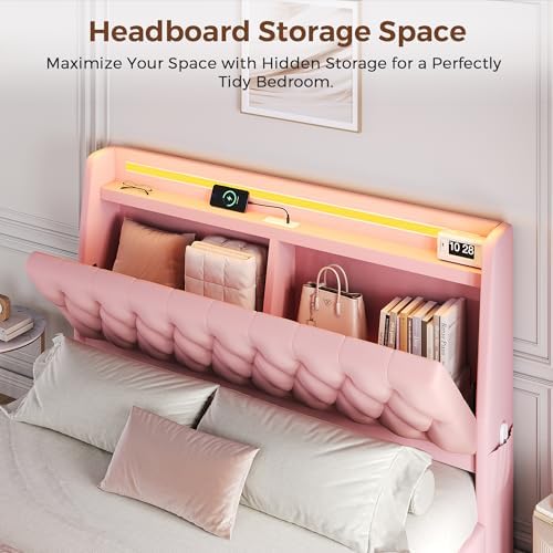 Queen LED Velvet Bed Frame with 2 Storage Drawers&Hidden Headboard, Upholstered Platform Bed with Charging Station&Button Tufted Design, Wooden Slats Support, Box Spring Optional, Easy Assembly, Pink
