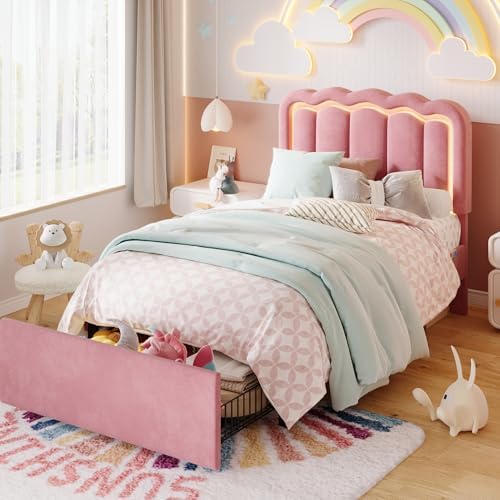 SHA CERLIN Twin Size Bed Frame with LED Lights and Storage Drawer, Pink