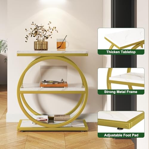 IBUYKE Narrow End Table with 3 Storage Shelves,White Gold UTMJ418G