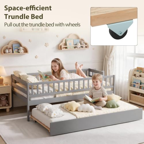 KOMFOTT Twin Bed Frame with Trundle & Bookshelf, Trundle Bed for Kids, Grey