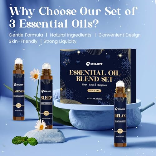Essential Oil Roller Set, (Sleep, Relax, Happiness) Aromatherapy Roll On for Body Skin Care, Home - Natural Aromatherapy Gift, Relaxtion Gift, Stress Relief Gift for Women and Men