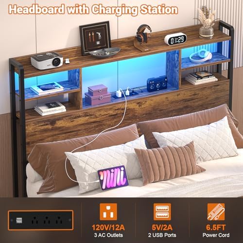 Aheaplus Headboard for Twin Size Bed with Storage and Outlets, Rustic Brown