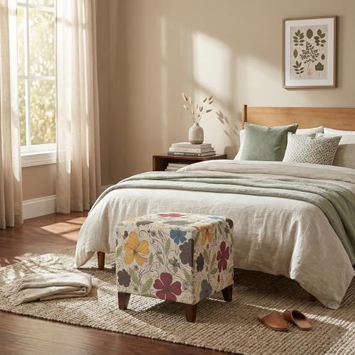 Joveco 16.3" Square Cube Ottoman Footrest, Modern Floral Linen Fabric Foot Stool with Solid Wood Legs, Decorative Upholstered Shoe Bench for Living Room, Bedroom & Entryway - Colorful Printing