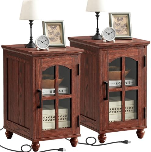 Narrow Side Table Set of 2, Farmhouse Nightstand with Charging Station