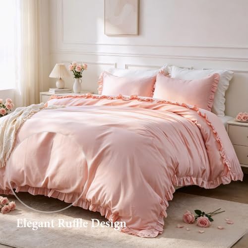 Simple&Opulence Kids 100% Organic Cotton Duvet Cover with Ruffle 78 x 86-3 PCS High End Floral Frill Lace Bedding, Romantic Cottagecore Style Comforter Cover with 2 Pillowcases, Peach Pink, Full