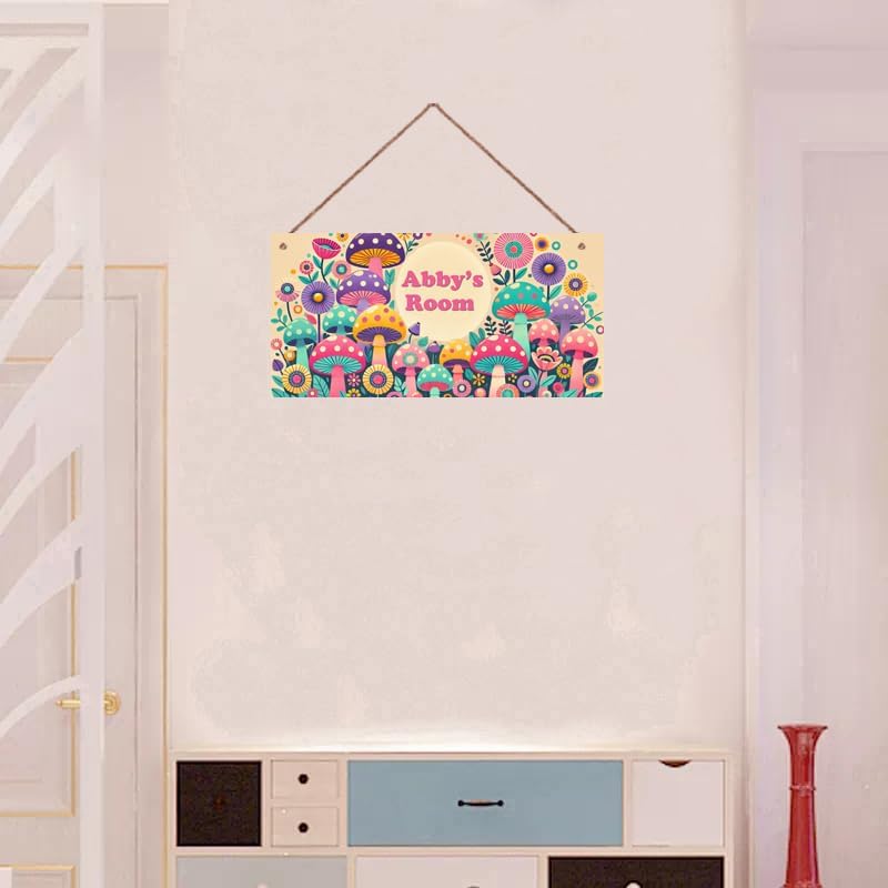 Personalized Name Wood Plaque Sign Mushroom Floral Rustic Door Sign Kids Room Nursery Wall Art Decor Customizable Plate for Son Daughter Baby Toddler Bedroom