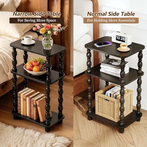 Narrow Side Table, Small End Table with 3 Tier Shelf, Retro Couch Side Table for Living Room, Vintage Farmhouse End Table, Bedroom Skinny Bedside Table Nightstand(Black)