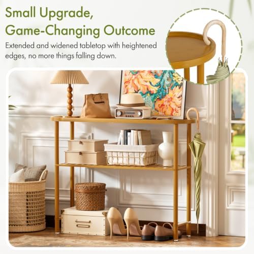 Bamboo Console Table for Entryway 39.4", Farmhouse Entryway Table for Hallway Oval Top, Sofa Console Table with Anti-fall Edge, TV Stand for Living Room, Plant Stand, 5min Easy Assembly, Walnut