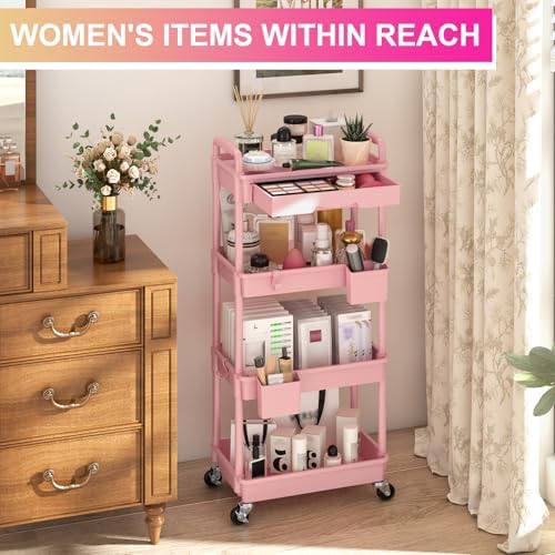 Goovilla 4 Tier Rolling Utility Cart Organizer with Removable Drawer, Pink