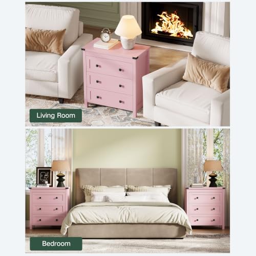 Farmhouse Nightstands Set of 2, Bedside Table with Drawers, Pink