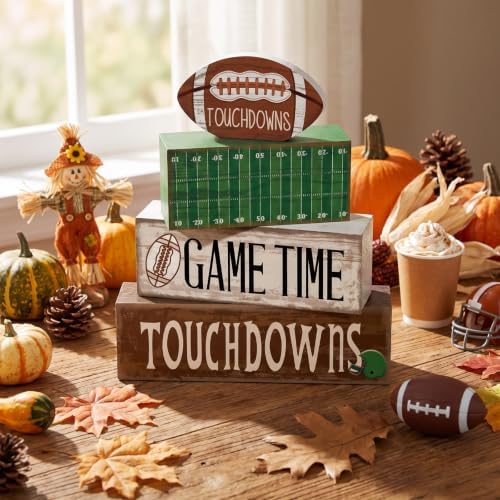 Yuntau 4 Pcs Fall Football Table decoration Centerpieces Wooden Blocks sign